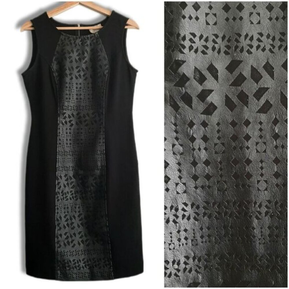 ECI New York Faux Leather Geometric Lasercut Panel Sheath Dress Sz 8